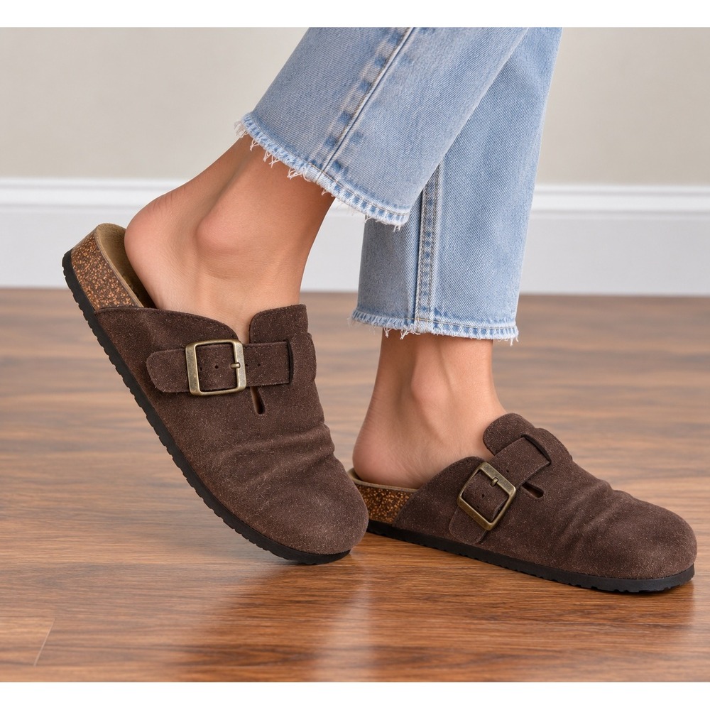 Brown Faux Suede Footbed Clogs Women 10M Boho Granola Comfort Mule Buckle Y2K